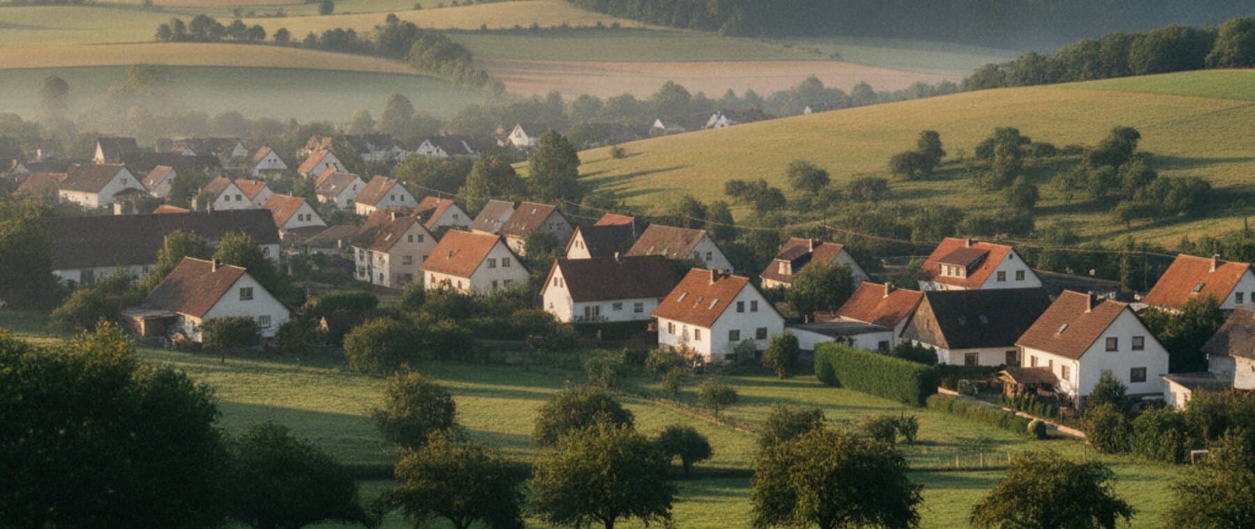 Landschaftsaufnahme einer mittelhessischen Dorflage am Morgen: Wohnhäuser mit Ziegeldächern, Hausgärten, Streuobstwiesen und ein bewaldeter Höhenrücken. Erzeugte Stimmungsaufnahme, keine Ortsaufnahme.