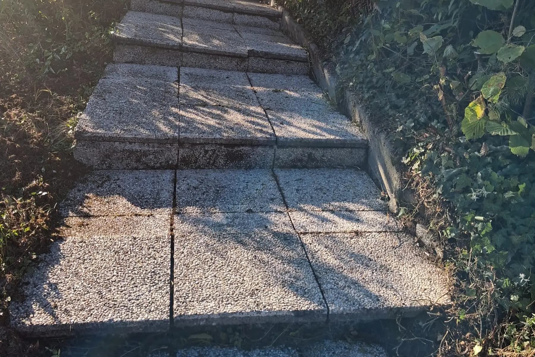 Freigelegte, gereinigte Aussentreppe aus Waschbetonplatten als Zugang zu einem Gebäude.